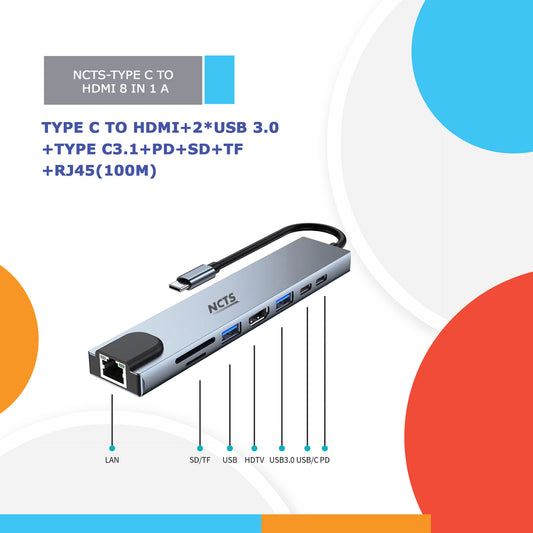 NCTS HUB 8 in 1 Type C to HDMI + LAN + USB 3.0 + Type C3.1 + SD.PD.TF